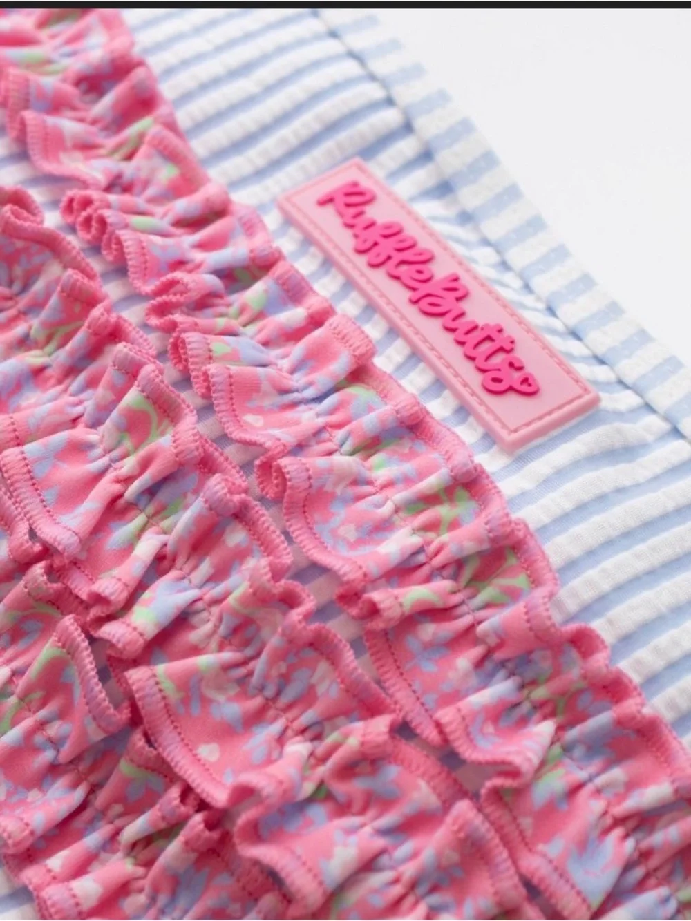 Ruffle Butts Blue Stripe Rash Guard with Pink Ruffle Diaper Cover